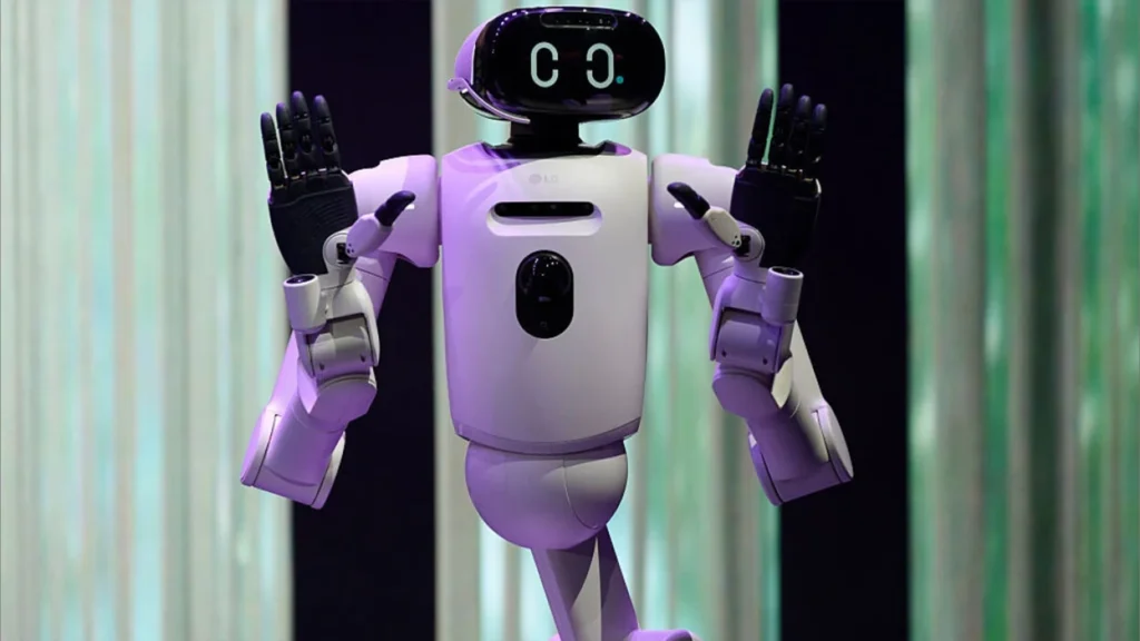 Robot with raised hands, futuristic design at CES 2026